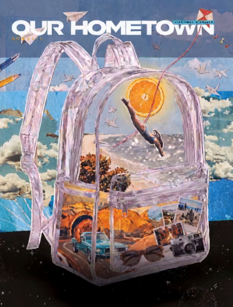 August 2026 Our Hometown magazine featuring a transparent backpack filled with summer memories, including a beach, diver, road trip, camera, sunglasses, and photographs. From Larry Mitchell insurance.